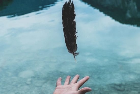 a person is throwing a feather into the water .