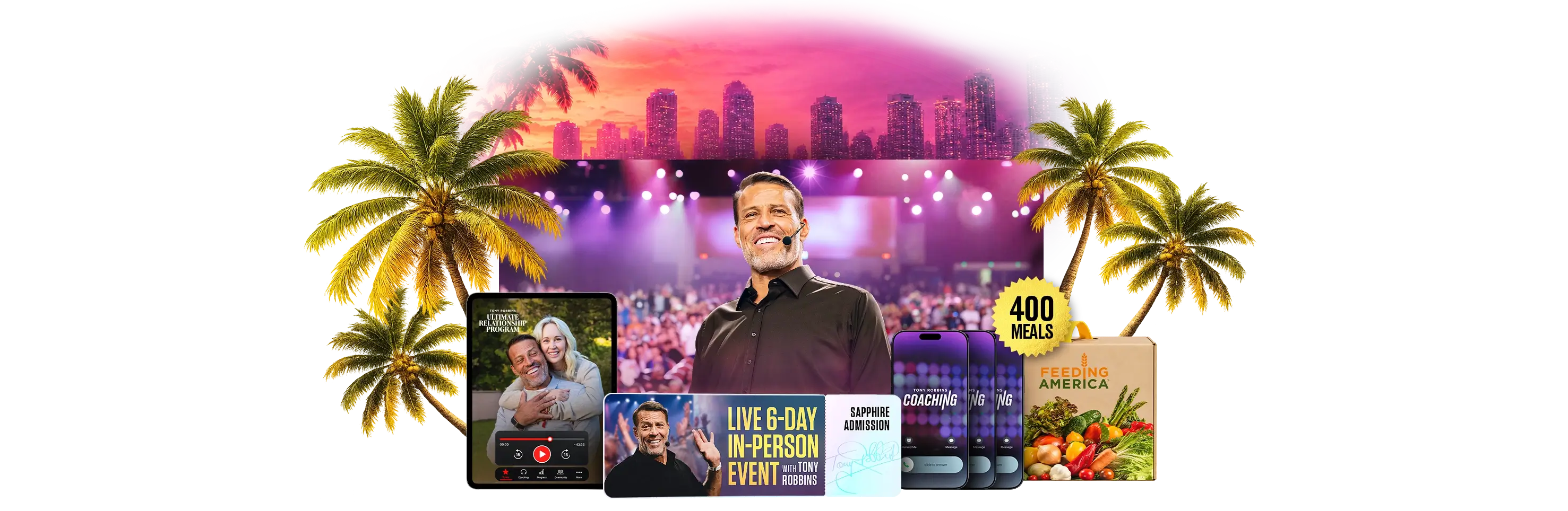 Tony Robbins event promotion with digital content, event passes, and a Feeding America donation, set against a tropical city skyline.
