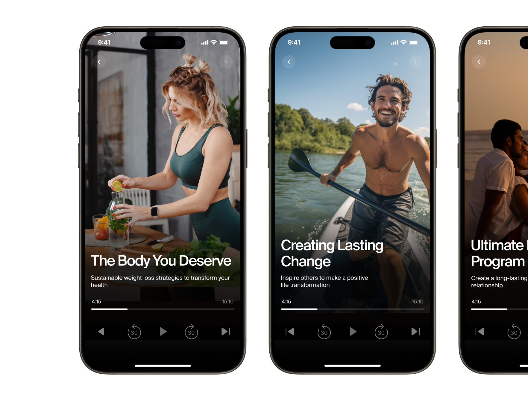 three cell phones are displaying a video about the body you deserve and creating lasting change