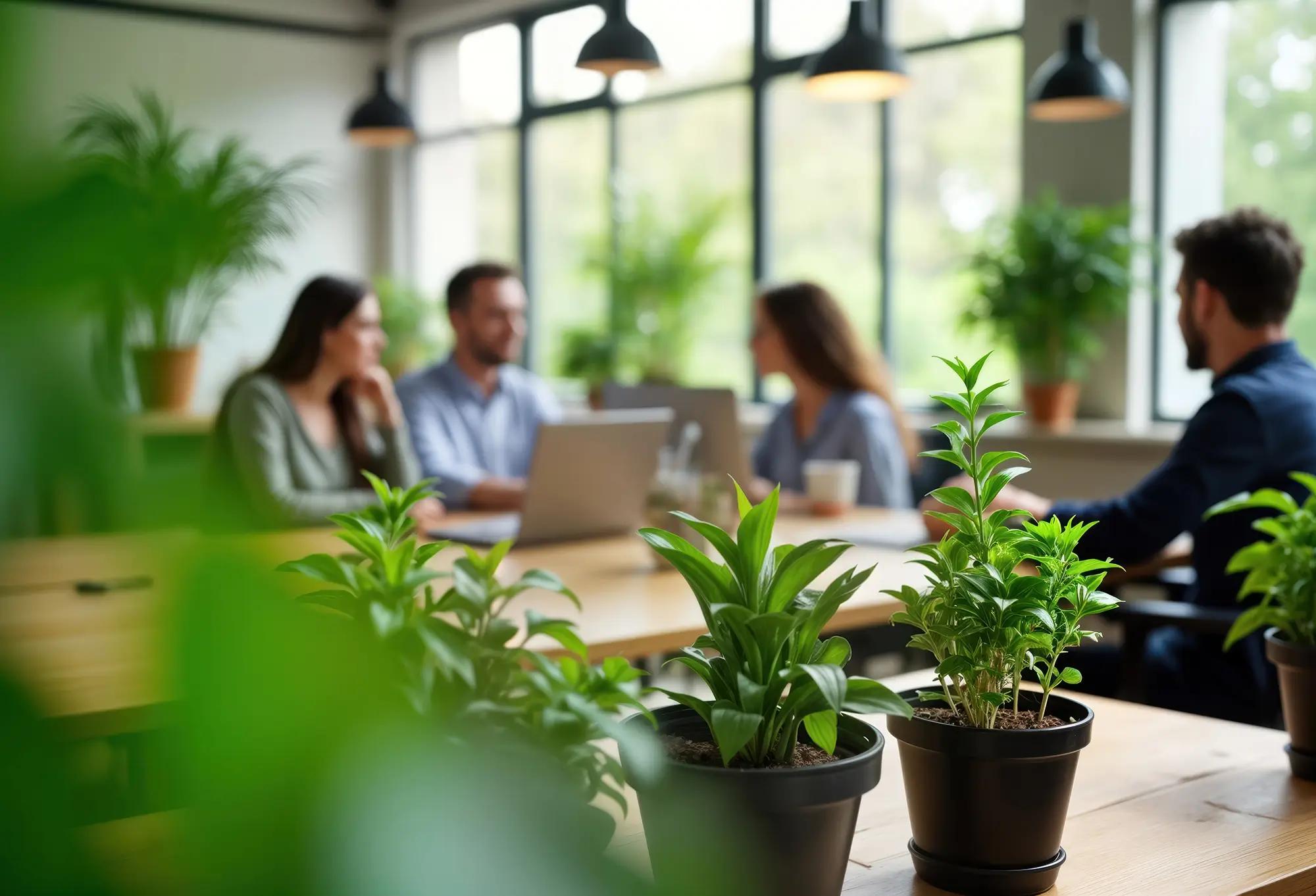 Four people sit at a table in a bright, plant-filled office.