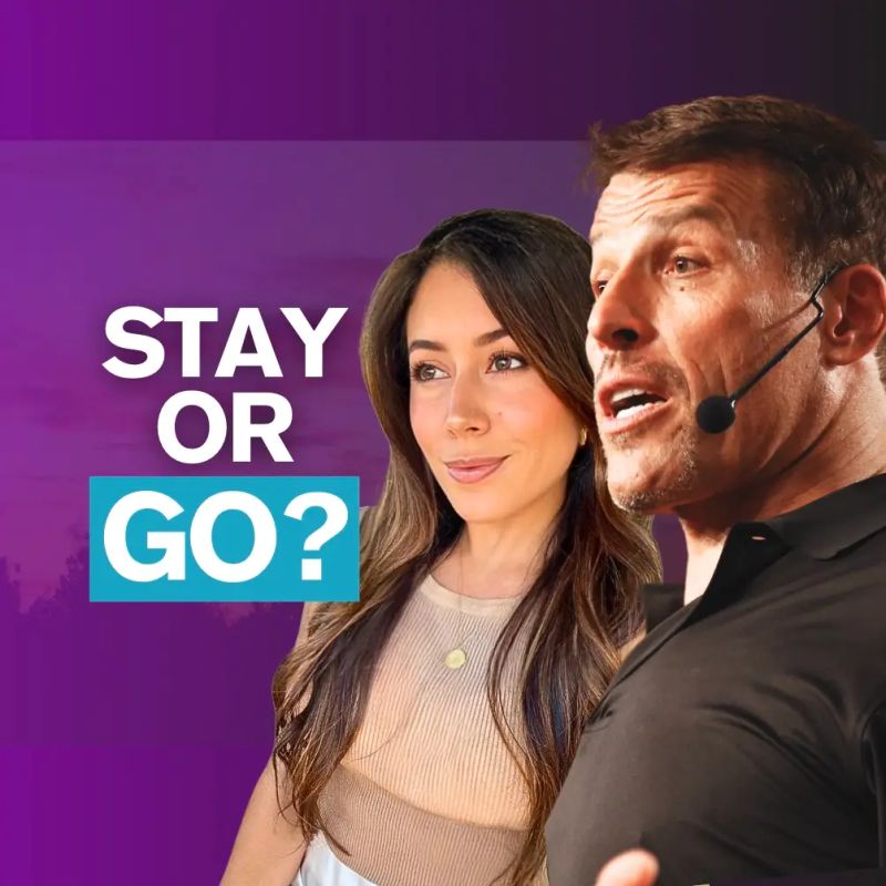 A woman and Tony Robbins on a purple background with the text "STAY OR GO?".