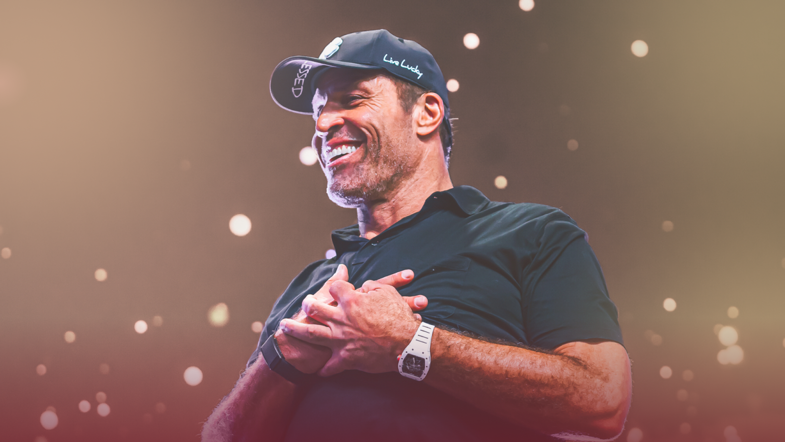 a man wearing a hat that says i am lucky