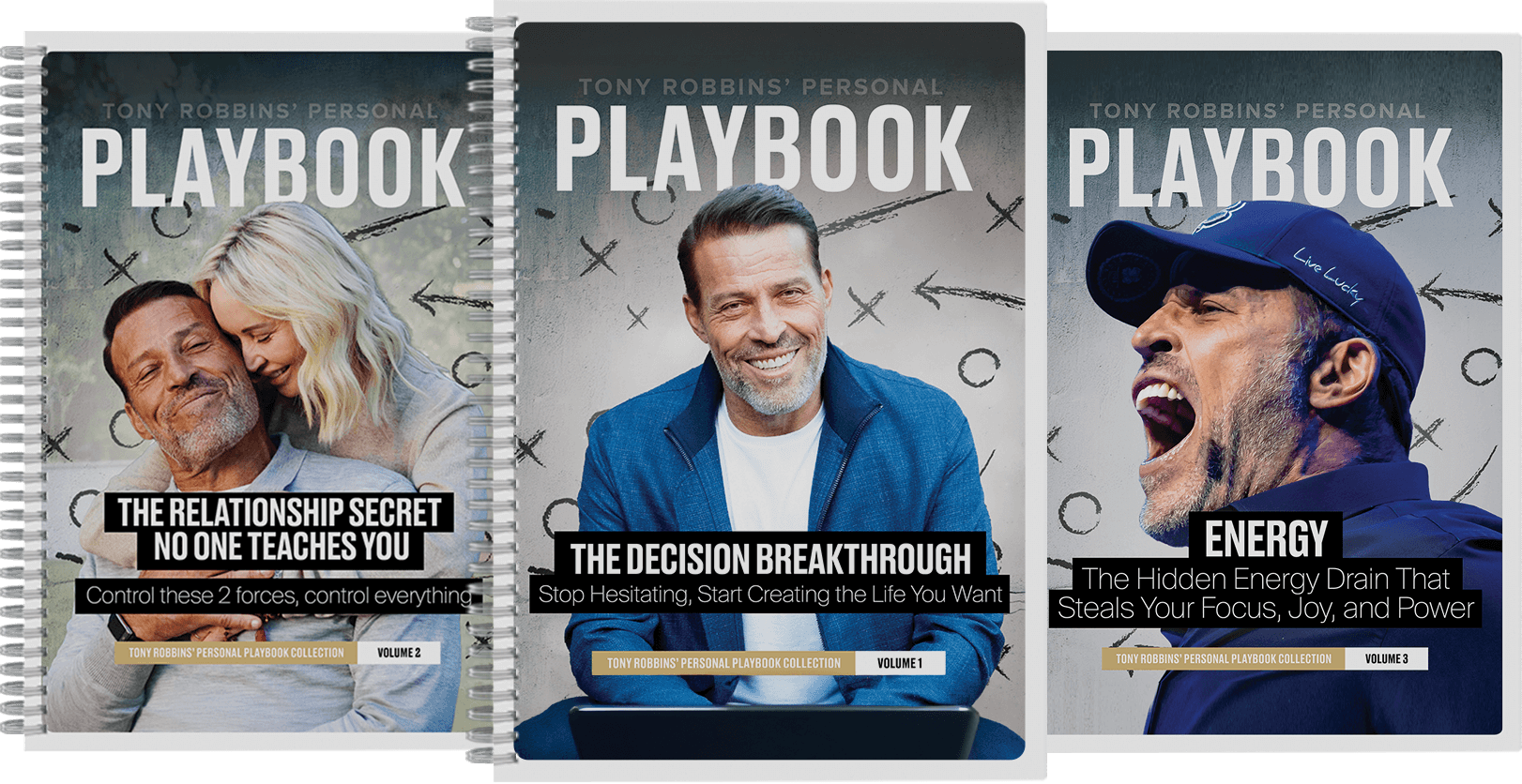 Three Tony Robbins' Personal Playbook books on relationships, decisions, and energy.