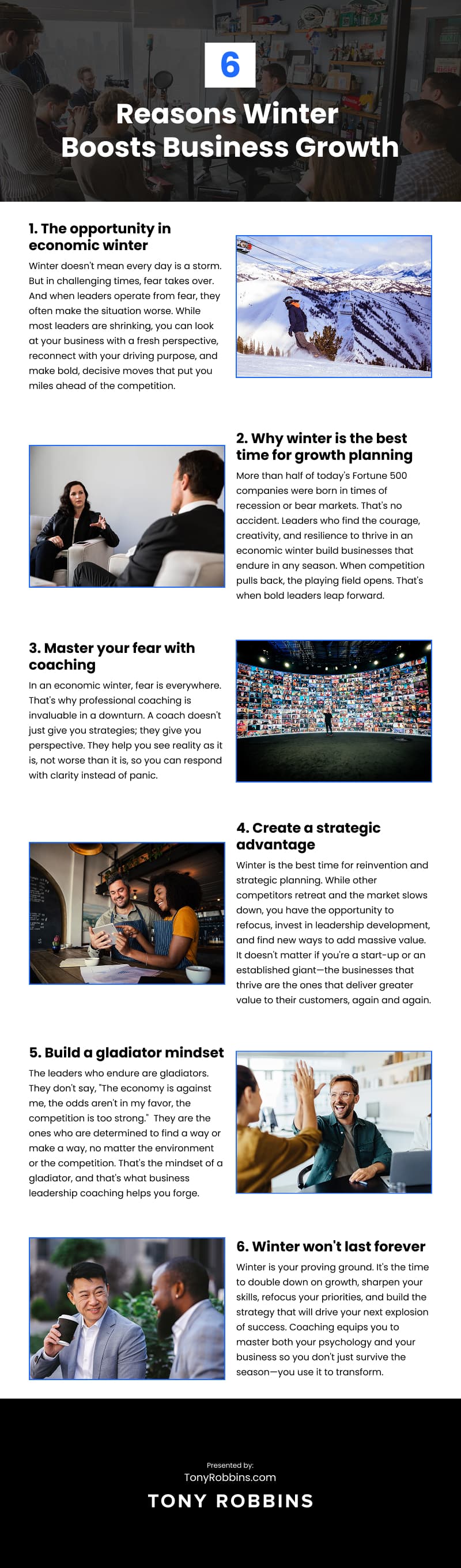 Infographic titled "6 Reasons Winter Boosts Business Growth" by Tony Robbins, outlining strategies for business success during challenging economic times.