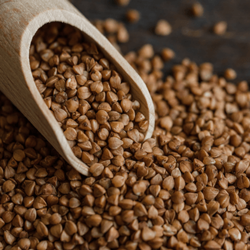 a wooden scoop filled with buckwheat seeds