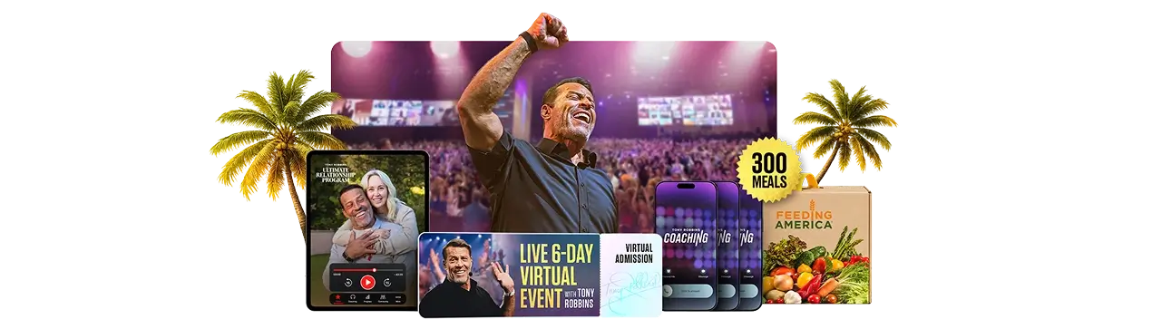 Tony Robbins on stage with a raised arm, surrounded by virtual event screens, palm trees, and a Feeding America box for 300 meals.