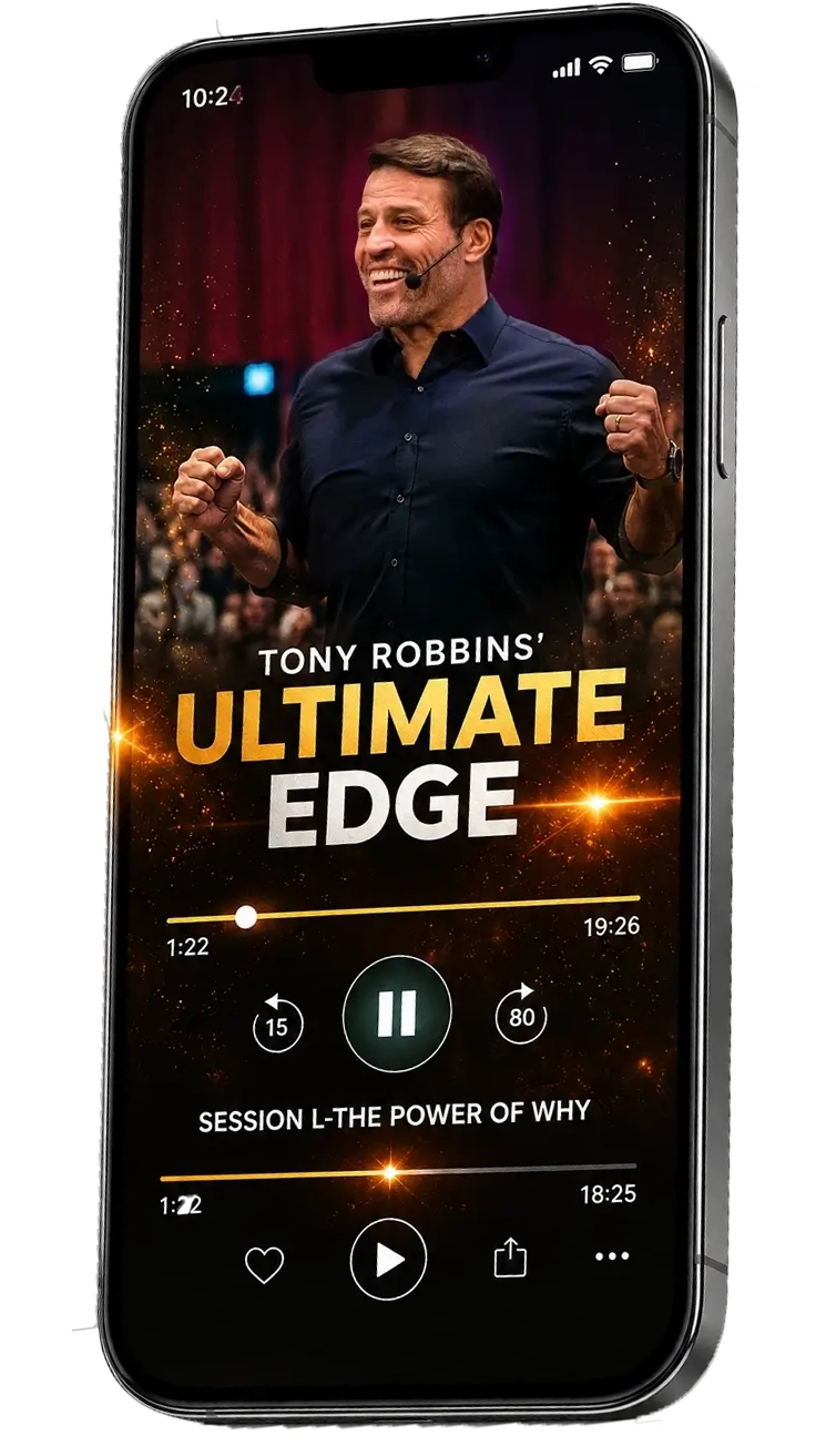 A smartphone displaying a video of Tony Robbins' "Ultimate Edge" program.