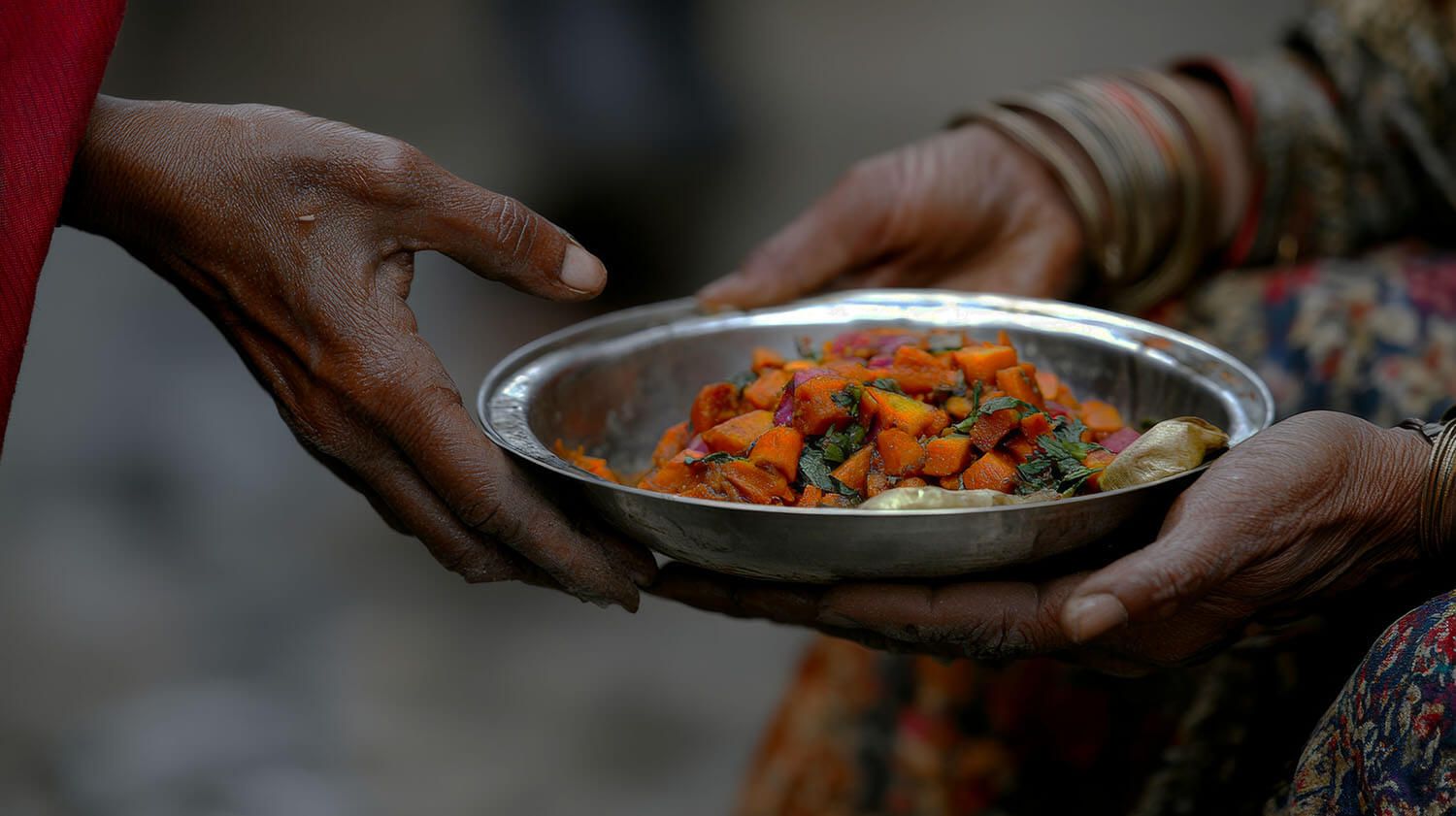 Hands exchanging a metal bowl of colorful chopped food.