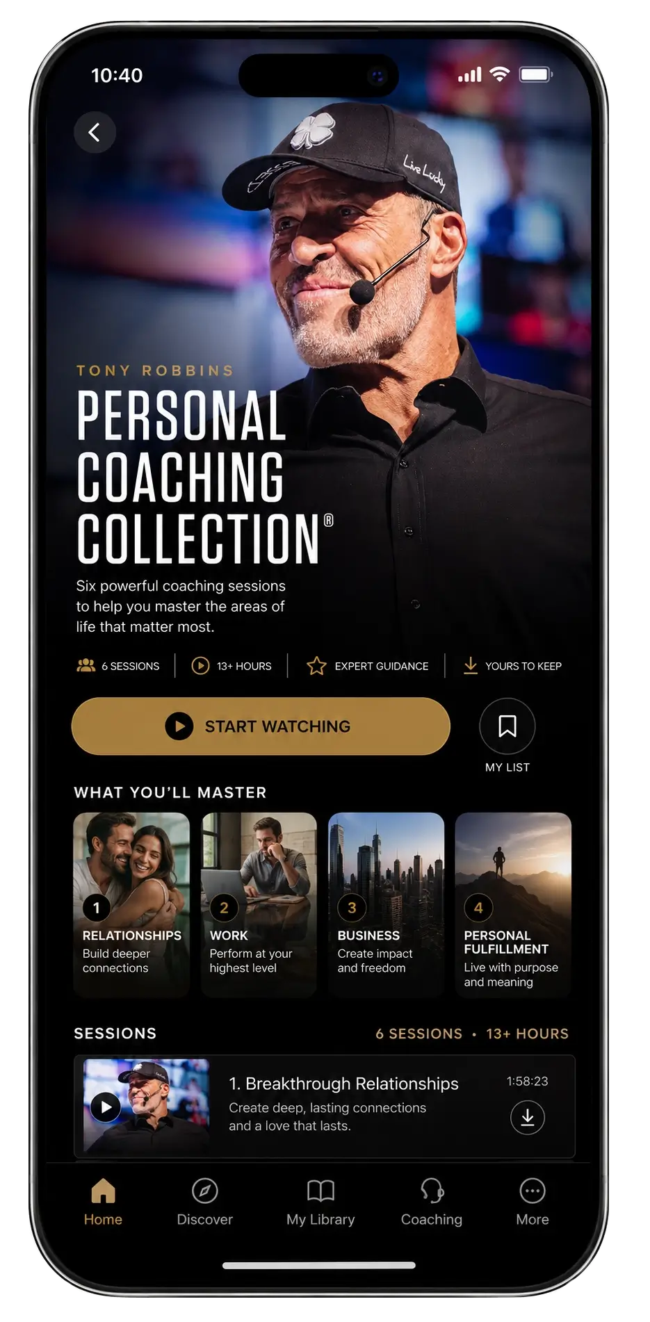 A smartphone displaying a "TRAINING COURSES" app screen with a "Personal Coaching Collection Bundle" visible, featuring "Start Now" and "Course Menu" options.