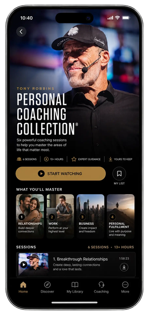 A smartphone displaying a "TRAINING COURSES" app screen with a "Personal Coaching Collection Bundle" visible, featuring "Start Now" and "Course Menu" options.