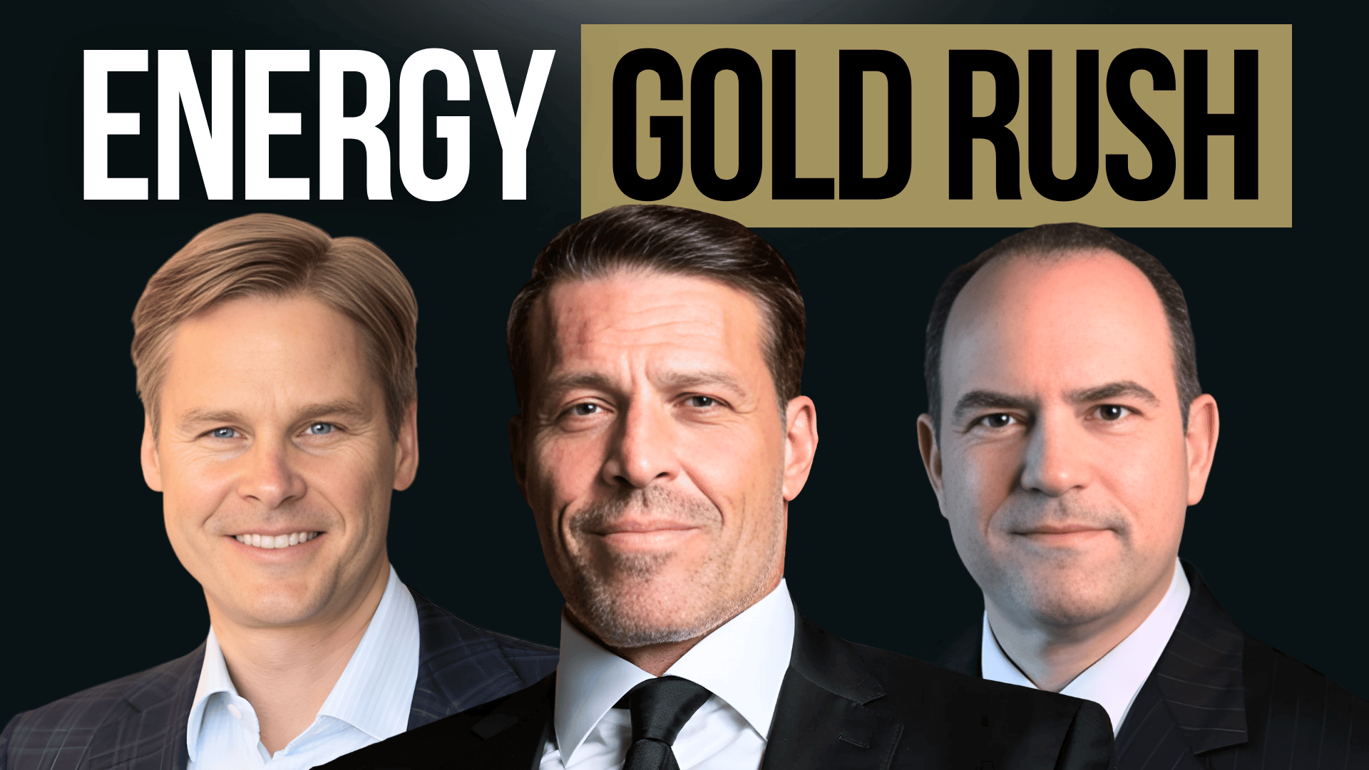 Three men in suits below the text "ENERGY GOLD RUSH".