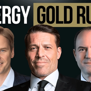 Three men in suits below the text "ENERGY GOLD RUSH".