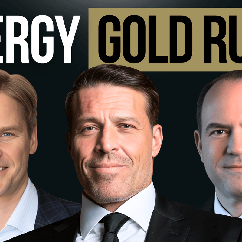 Three men in suits below the text "ENERGY GOLD RUSH".