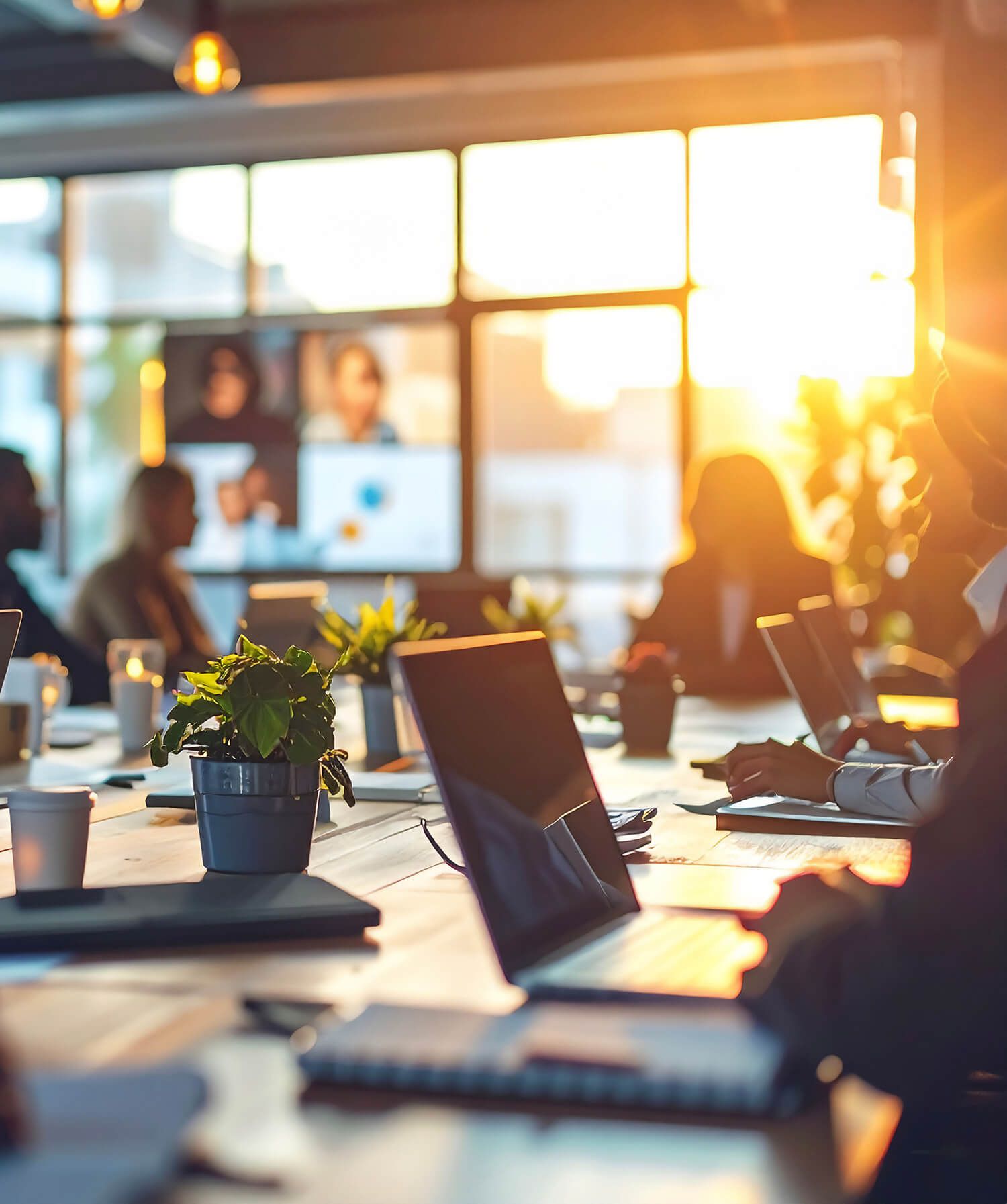 Conference room with people, laptops, and a video call on screen, brightly lit by warm golden sunlight.