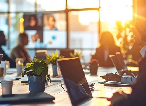 Conference room with people, laptops, and a video call on screen, brightly lit by warm golden sunlight.