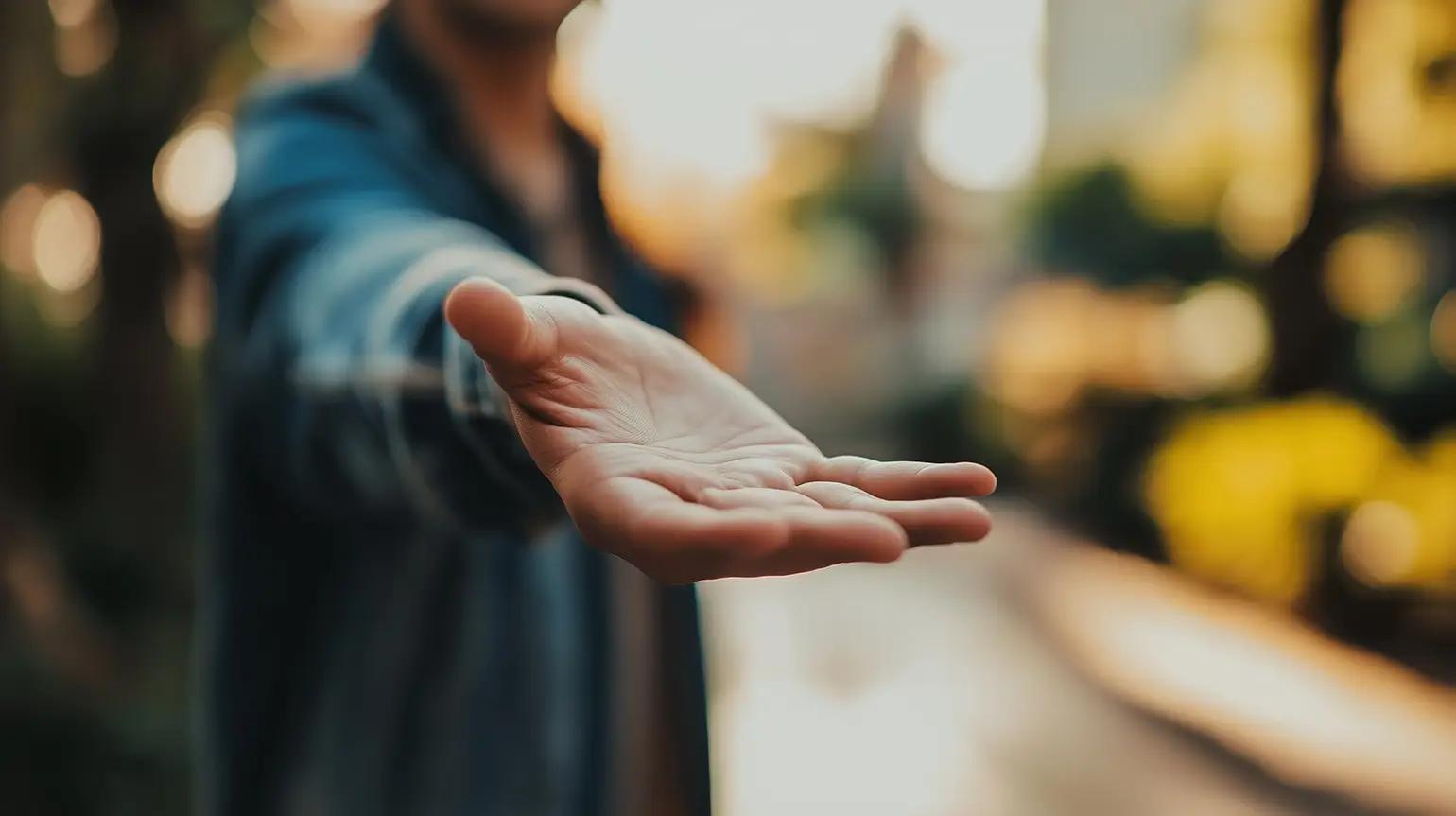 An outstretched open hand reaching towards the viewer.