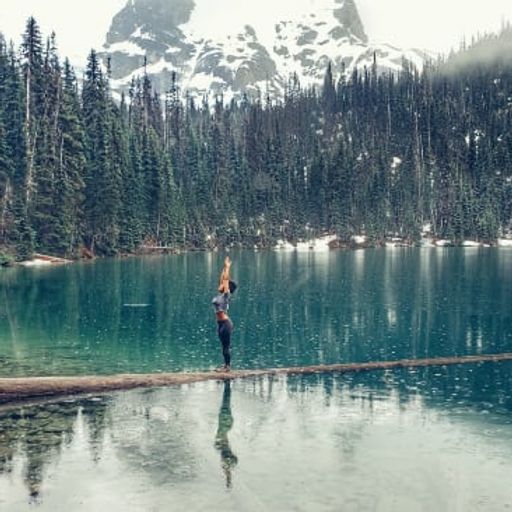 a woman is standing on a log overlooking a lake .