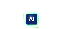 A dark blue square with white 'AI' text, outlined by a glowing green border.