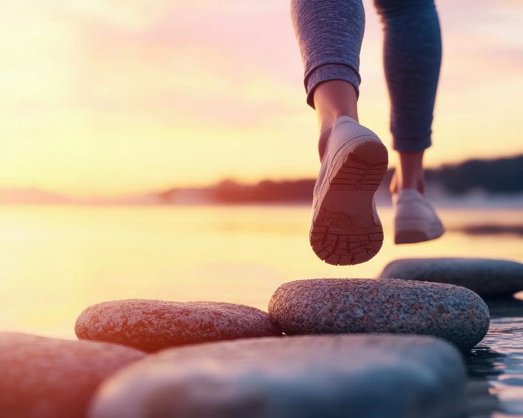 Feet stepping on stepping stones across water at sunset.