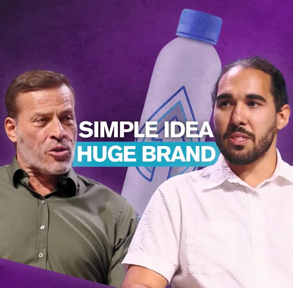 Tony Robbins and a bearded man with a Pathwater bottle, overlaid with text "SIMPLE IDEA HUGE BRAND".
