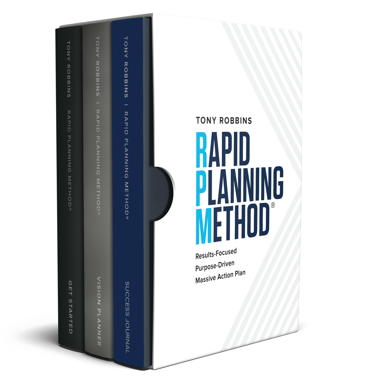 a box of books titled rapid planning method by tony robbins