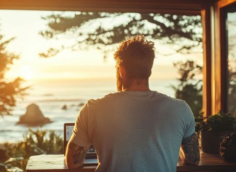 a man is sitting at a table using a laptop computer .