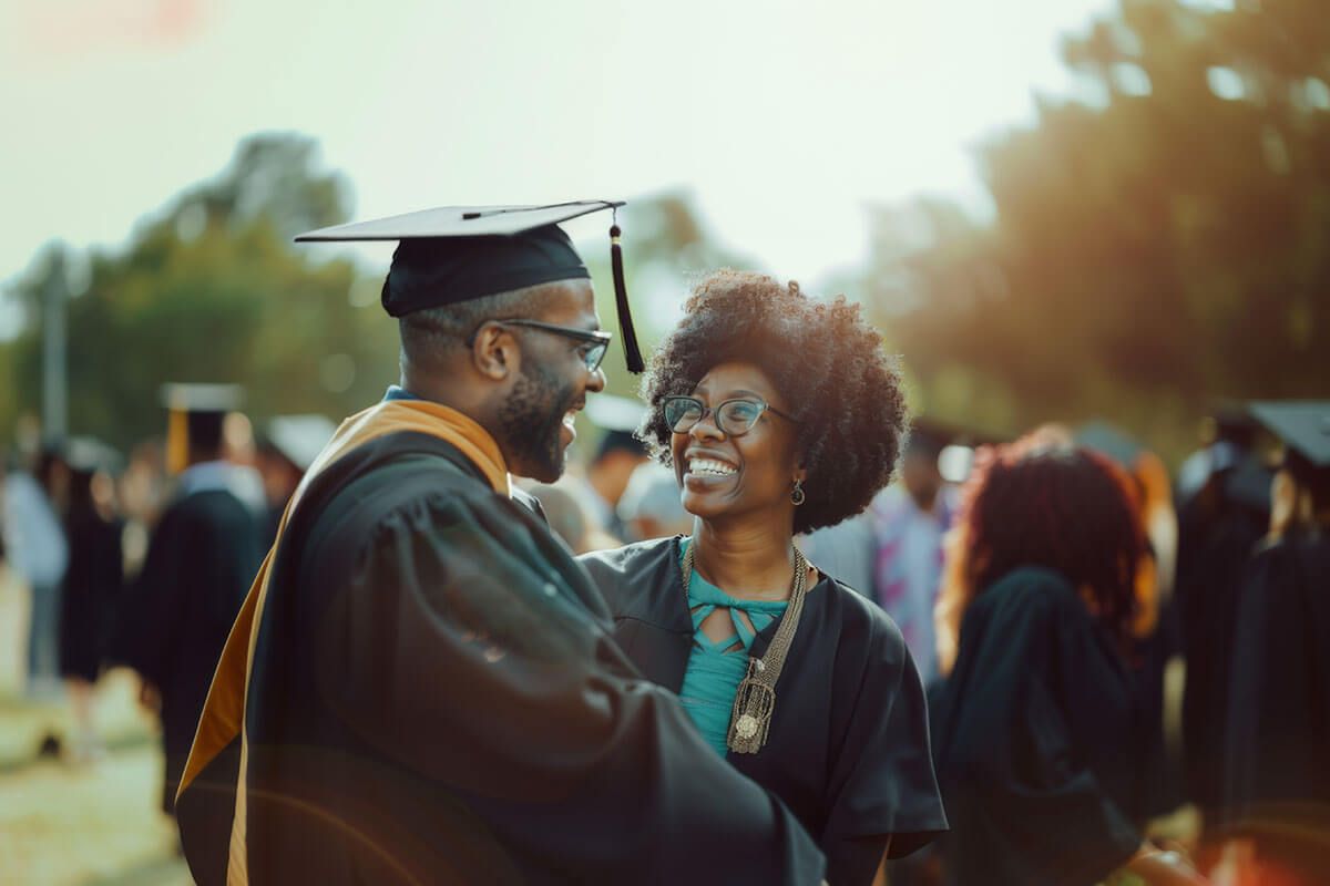 a man and a woman are shaking hands at a graduation ceremony .