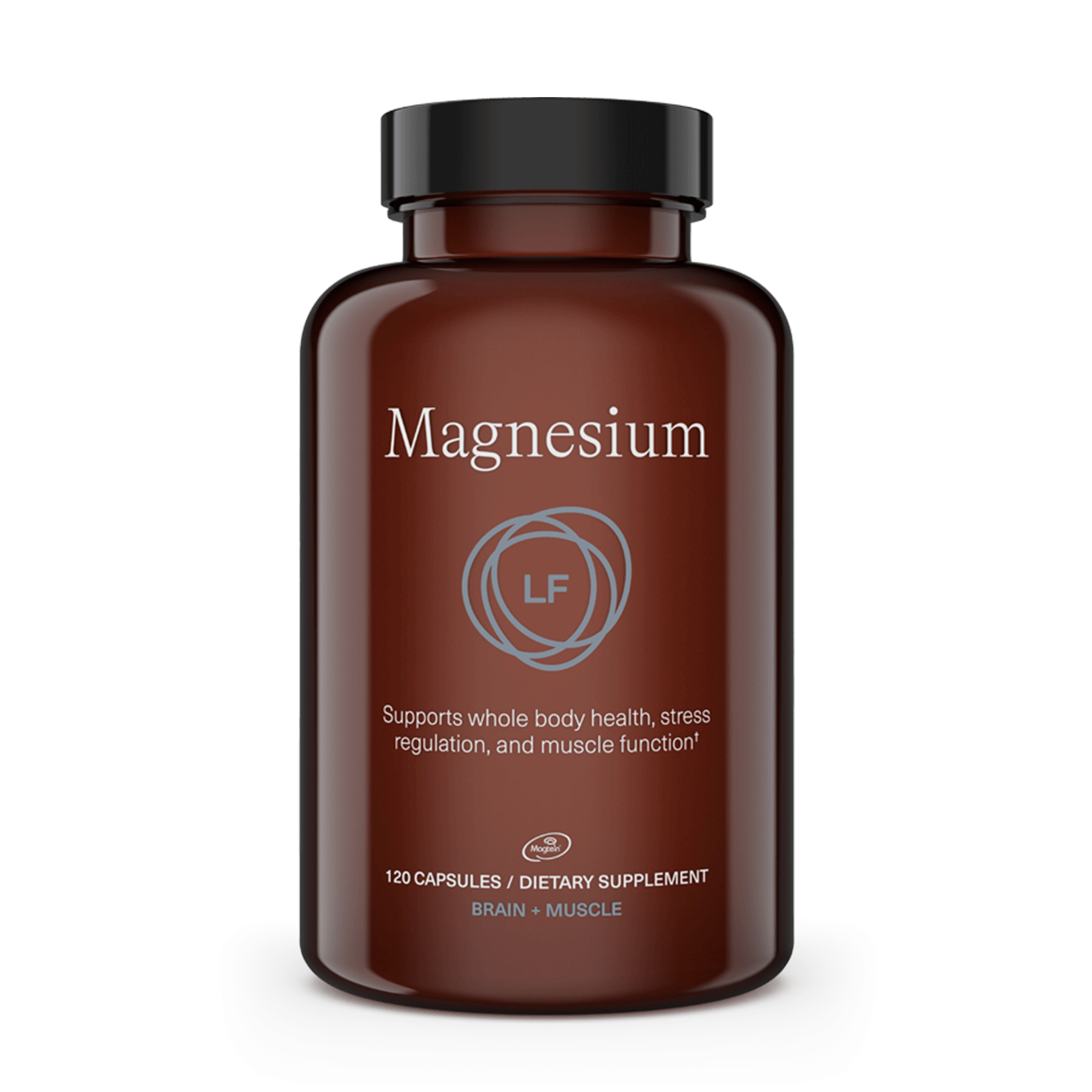 Brown bottle of Magnesium supplement with a black cap, labeled "Supports whole body health, stress regulation, and muscle function," containing 120 capsules for Brain + Muscle.