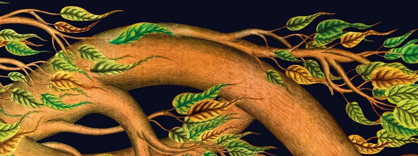 Karma, Consciousness, and Freedom painting of a tree branch with leaves