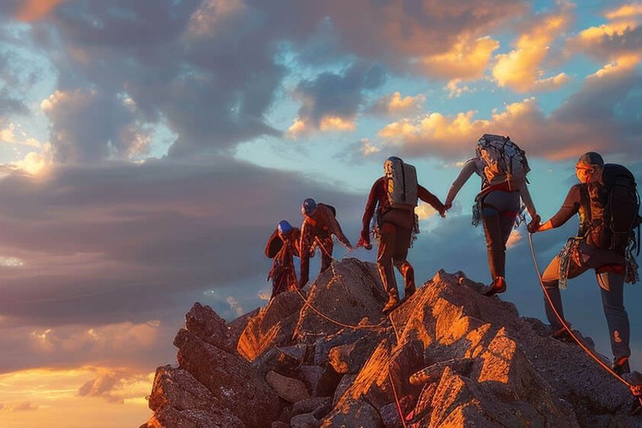 Mountaineers roped together ascending a rocky ridge at sunset.