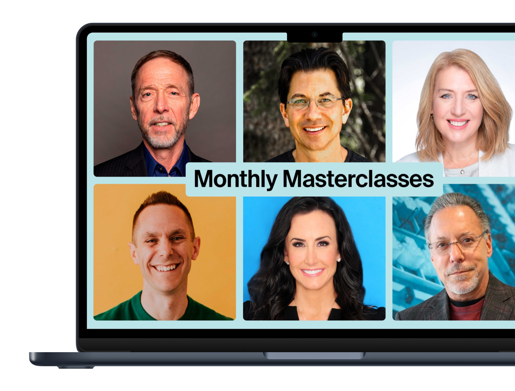 a laptop screen displays a monthly masterclass