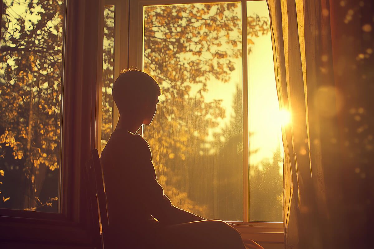 a woman is sitting in a chair looking out of a window at sunset .