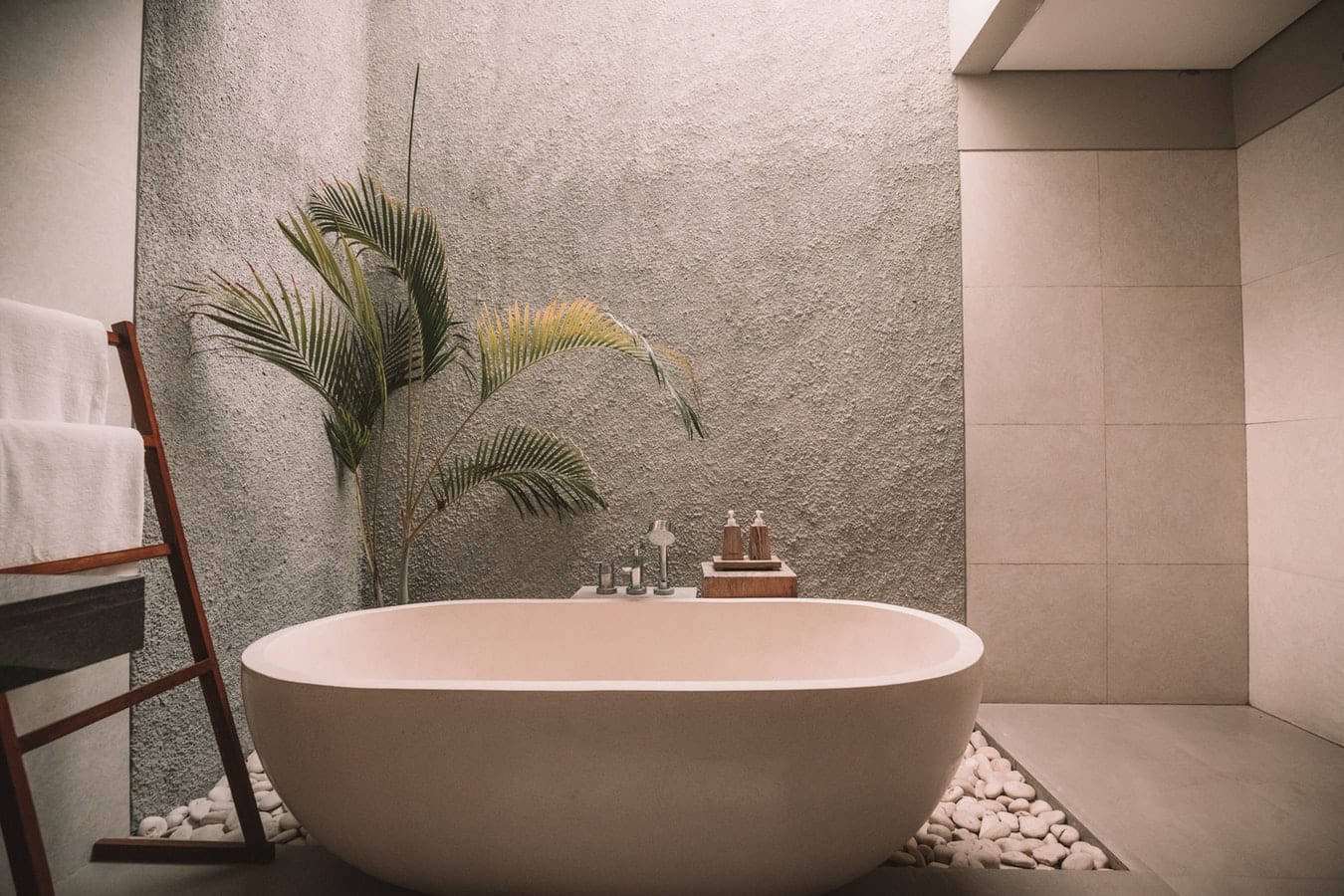 a bathroom with a bathtub and a palm tree .