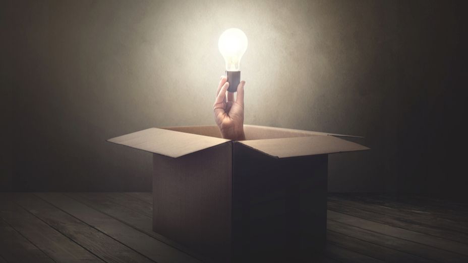 a person is holding a light bulb out of a cardboard box .