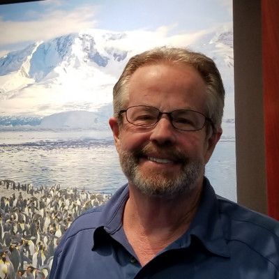 a man with a beard and glasses is smiling in front of a painting of penguins .