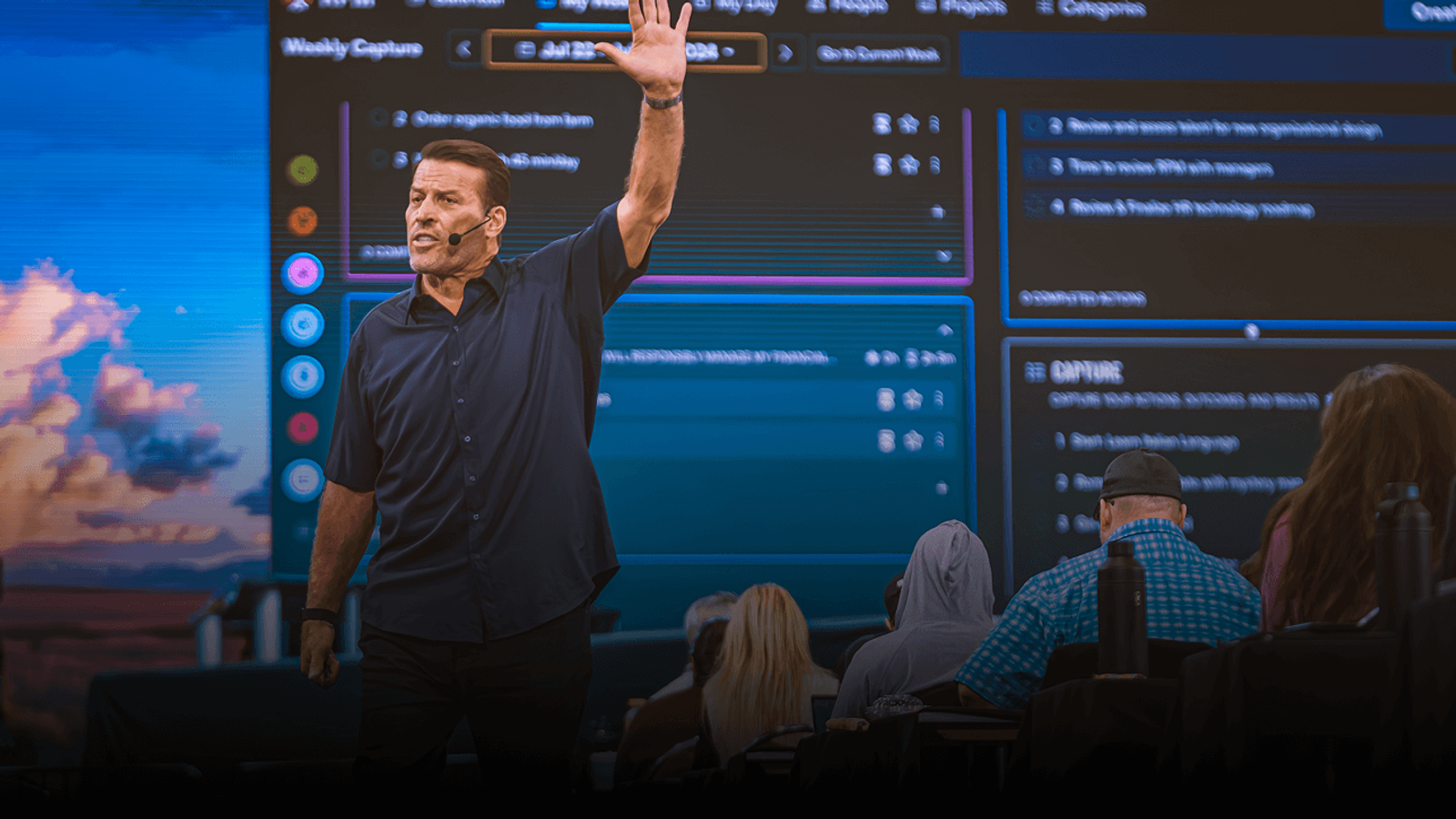 a man stands in front of a screen that says modify capture