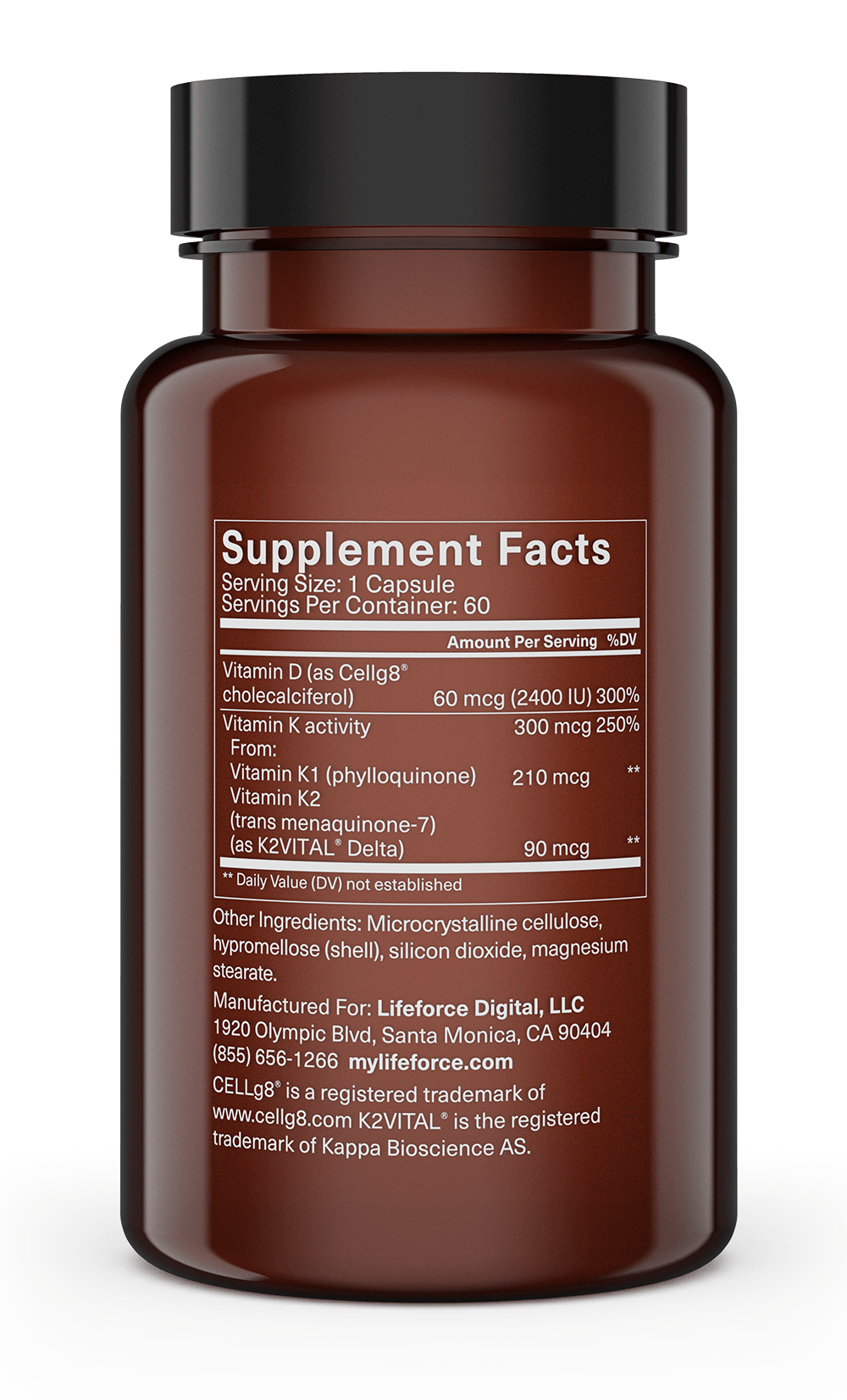 Brown supplement bottle with a black cap, showing the "Supplement Facts" label for Vitamin D and K.