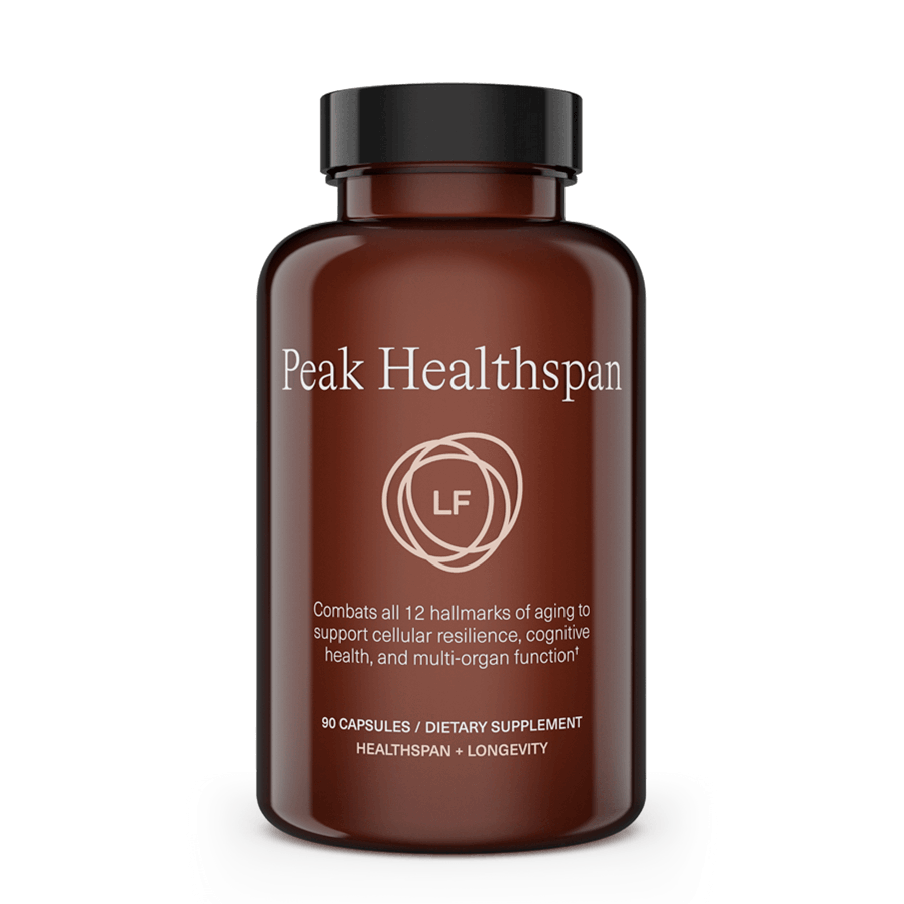 Brown bottle of Peak Healthspan dietary supplement, 90 capsules, for anti-aging and longevity.