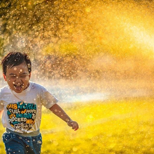 Child running in garden sprinklers