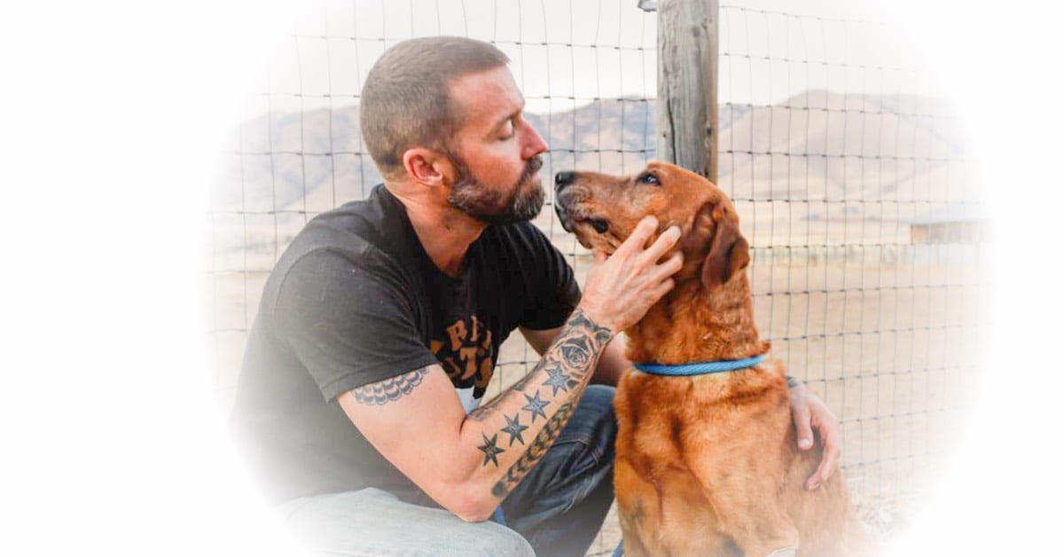 Dog looking lovingly into mans face