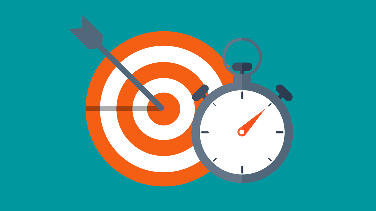 an arrow is hitting the center of a target next to a stopwatch