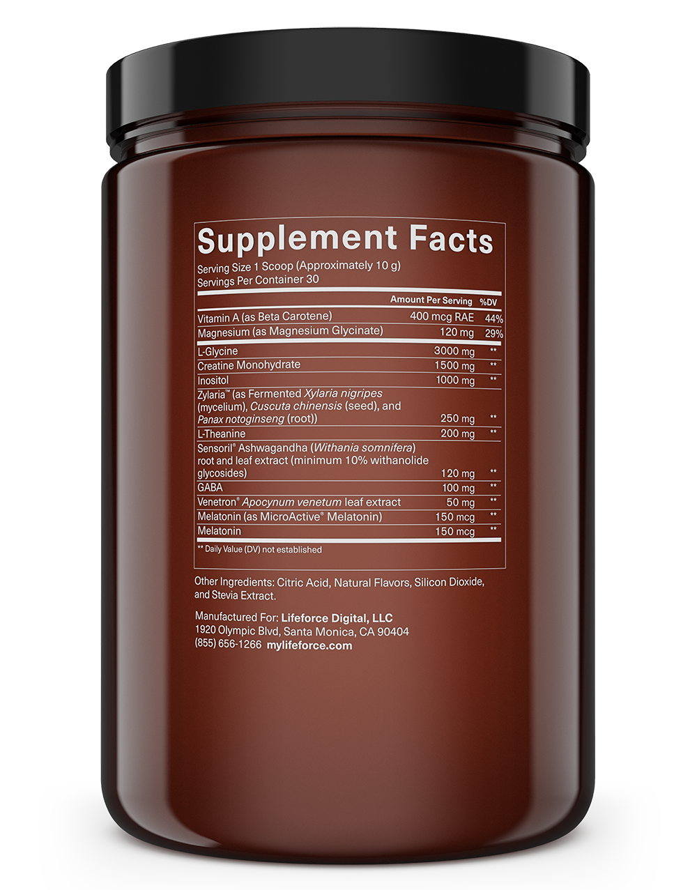 A dark brown supplement jar with a "Supplement Facts" label detailing ingredients such as L-Glycine, Creatine Monohydrate, Ashwagandha, and Melatonin.