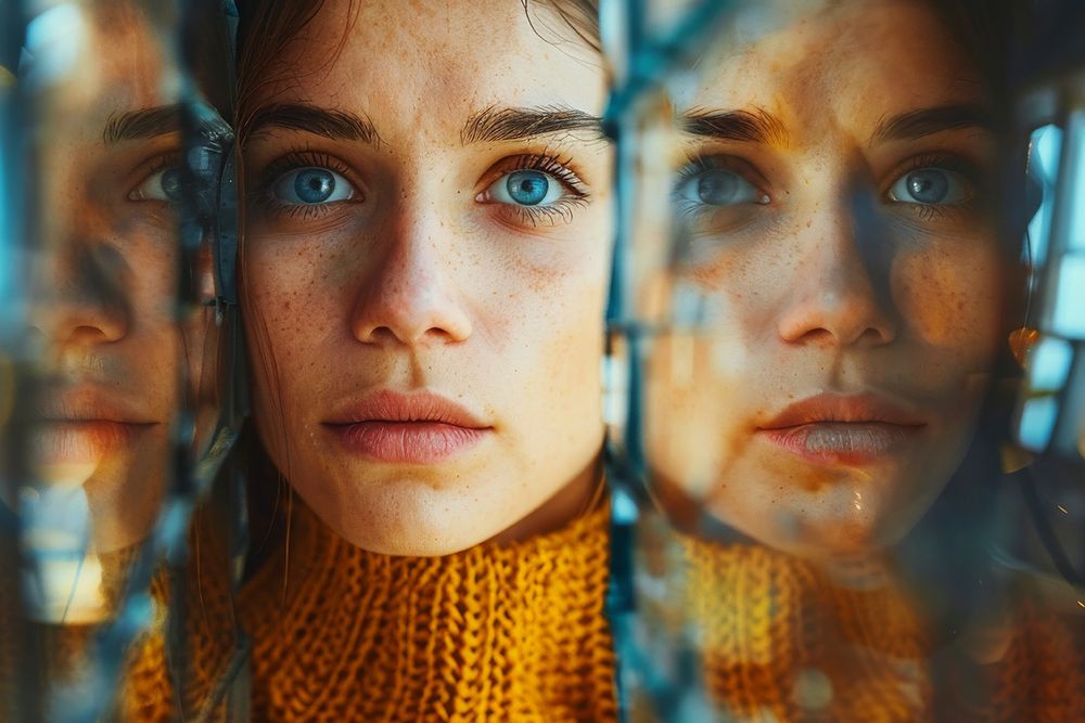 a woman is looking at her reflection in a broken mirror .