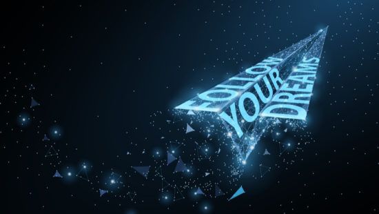 a blue paper airplane with the words `` follow your dreams '' coming out of it .