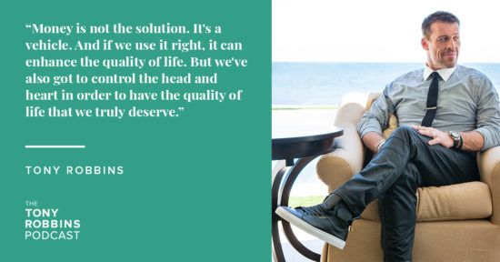 Tony Robbins sitting in a chair with his legs crossed next to a quote