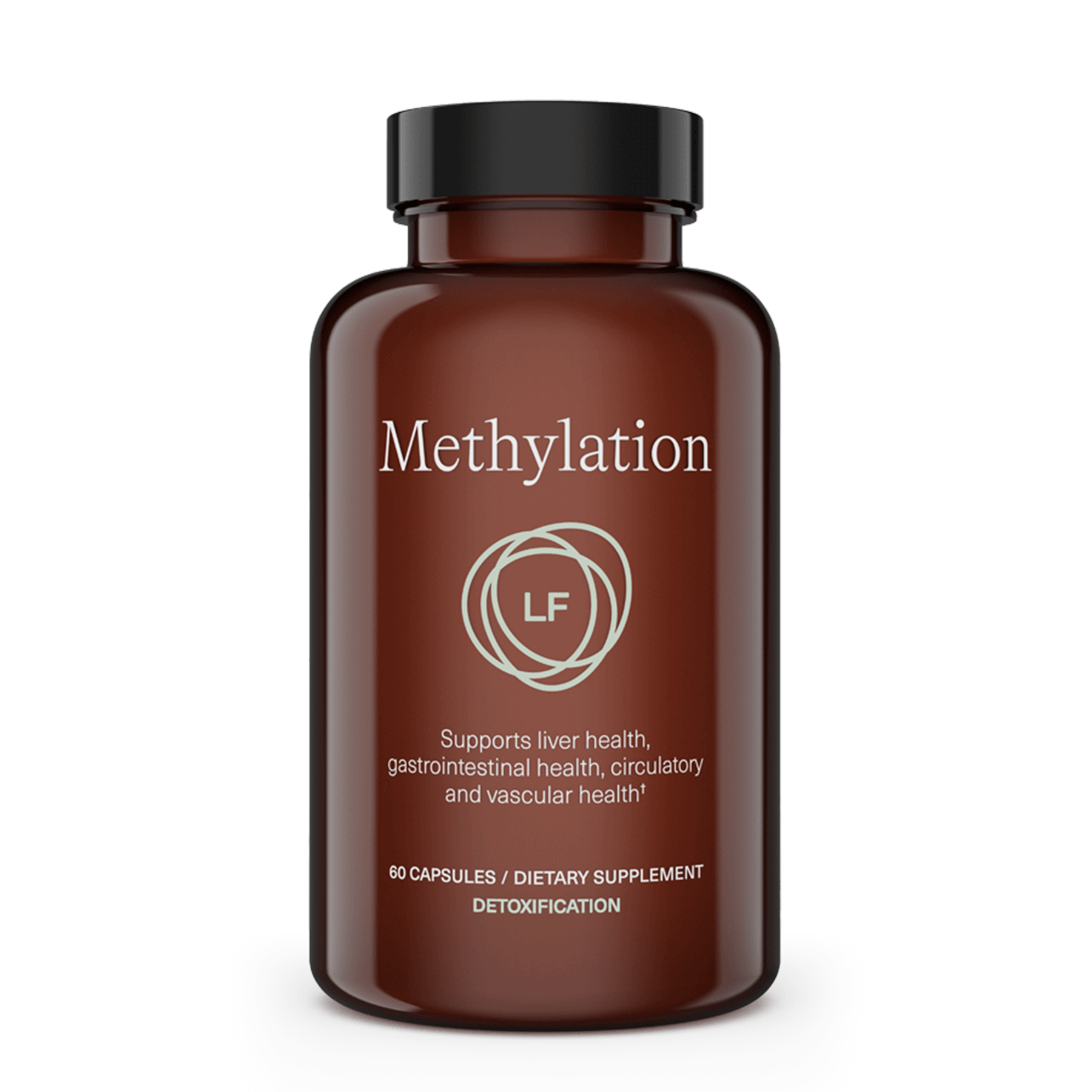 Brown supplement bottle labeled "Methylation," with an LF logo and text describing it as a dietary supplement for liver, gastrointestinal, circulatory, and vascular health, containing 60 capsules for detoxification.