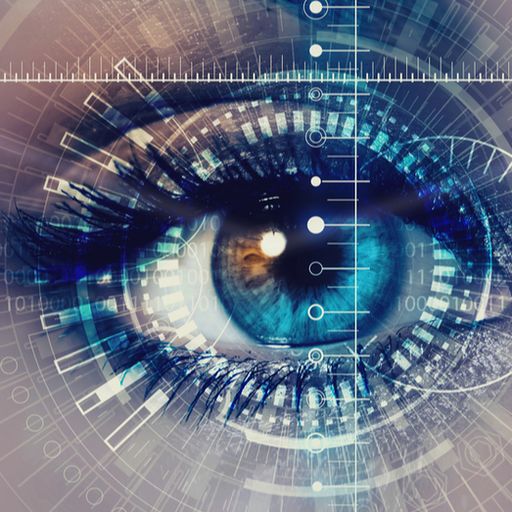 a close up of a human eye surrounded by binary code .