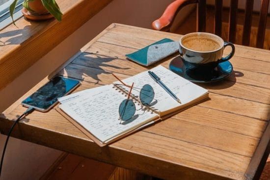 a cup of coffee , a notebook , sunglasses , a pen and a cell phone are on a wooden table .