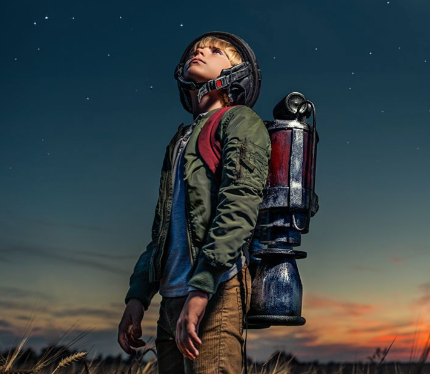 Finding solutions to global problems image of a young boy wearing a helmet and carrying a pretend rocket booster on his back looking into space