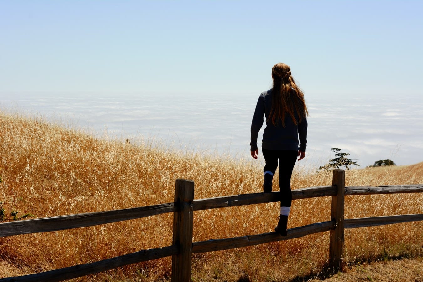 a woman is standing on a wooden fence overlooking a field .